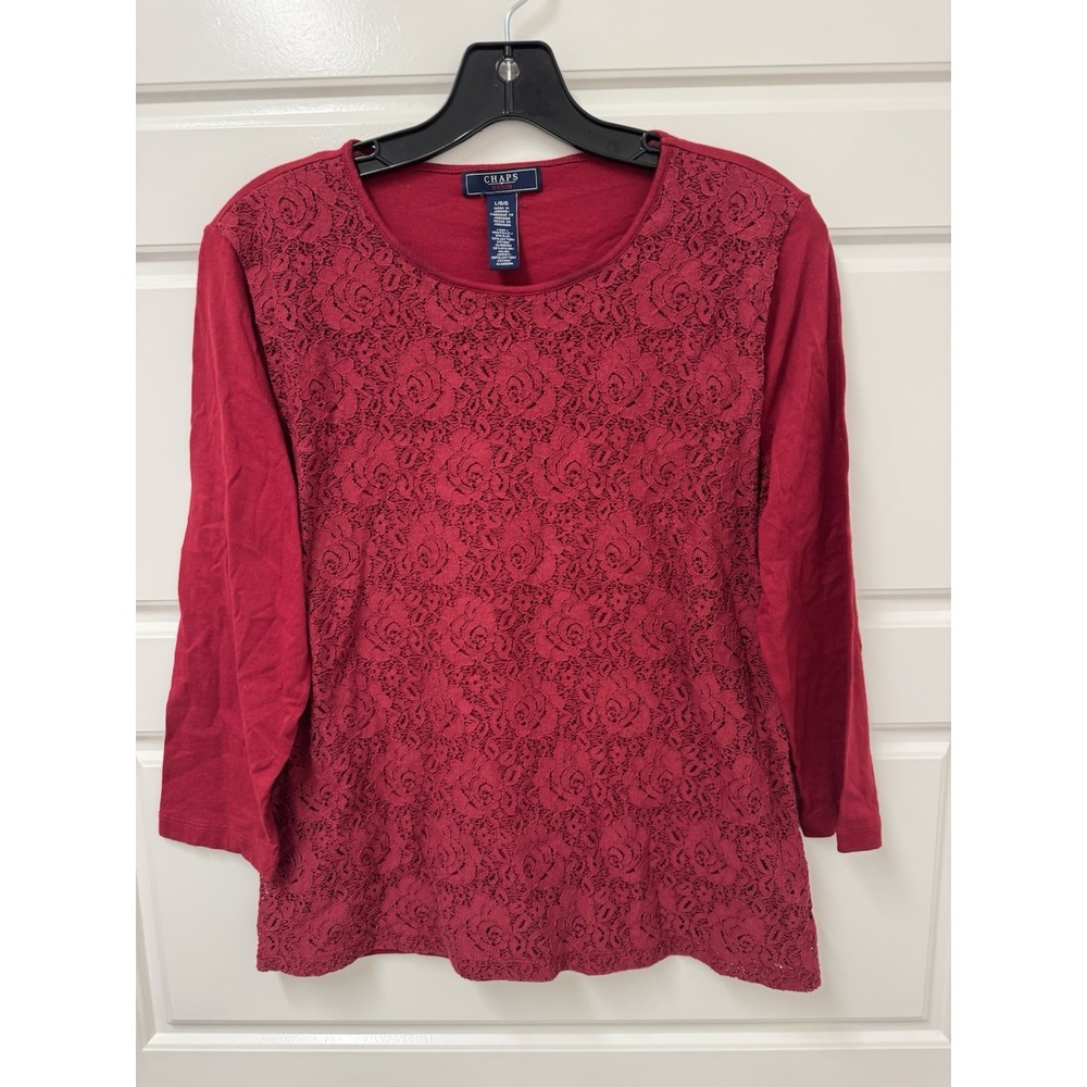 Large Chaps Denim Top Blouse Burgandy Excellent A3